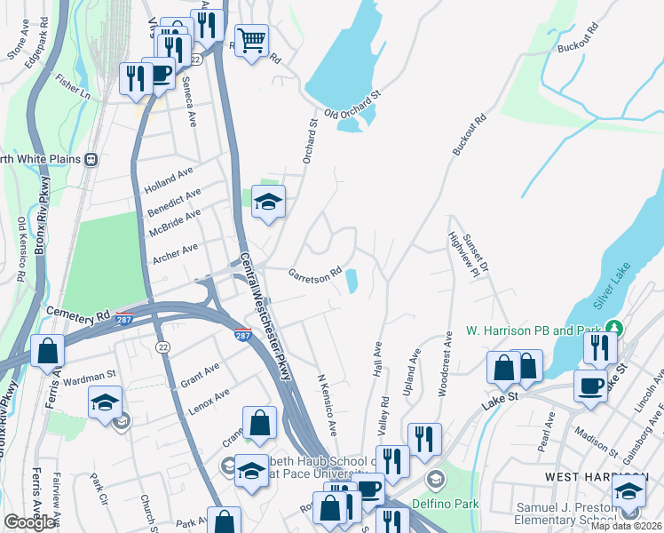 map of restaurants, bars, coffee shops, grocery stores, and more near 11 Gilbert Place in White Plains