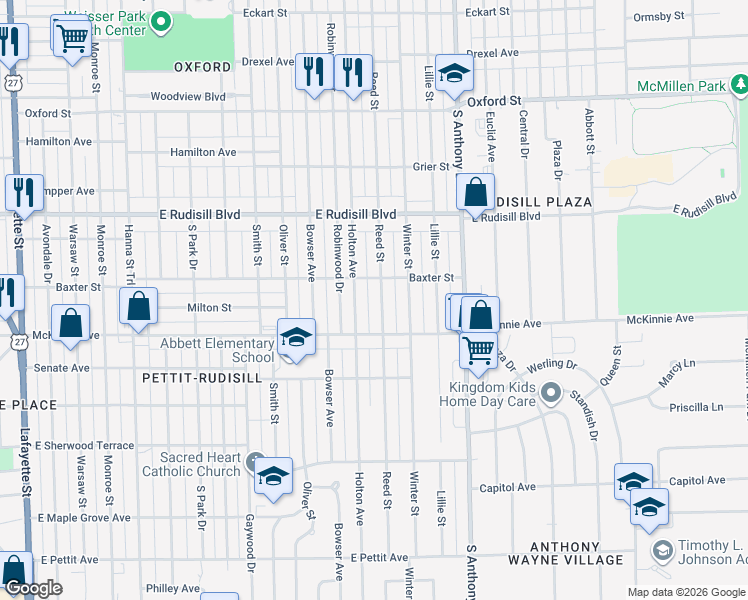 map of restaurants, bars, coffee shops, grocery stores, and more near 4121 Holton Avenue in Fort Wayne