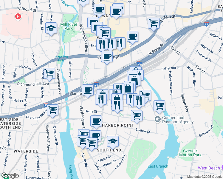map of restaurants, bars, coffee shops, grocery stores, and more near 13 Manhattan Street in Stamford