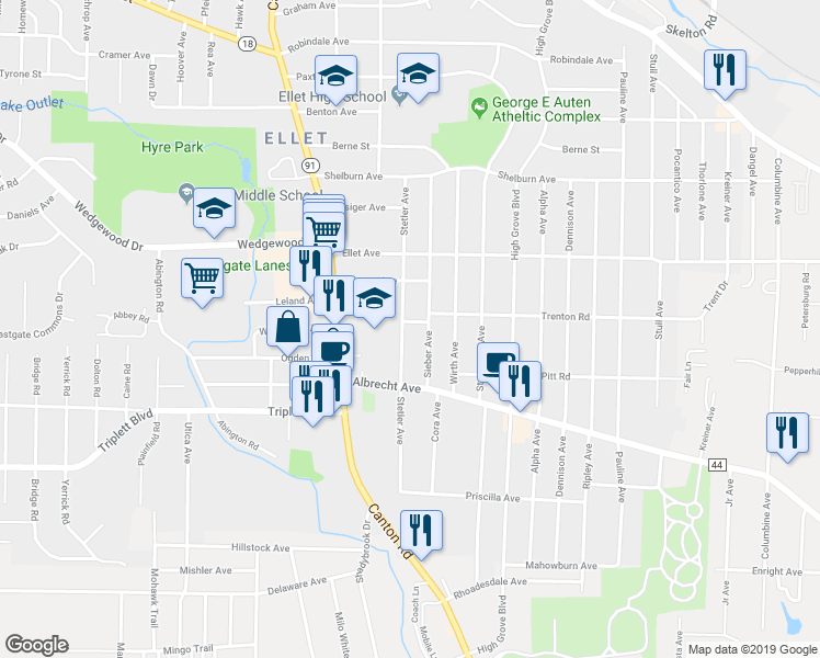 map of restaurants, bars, coffee shops, grocery stores, and more near 487 Stetler Avenue in Akron