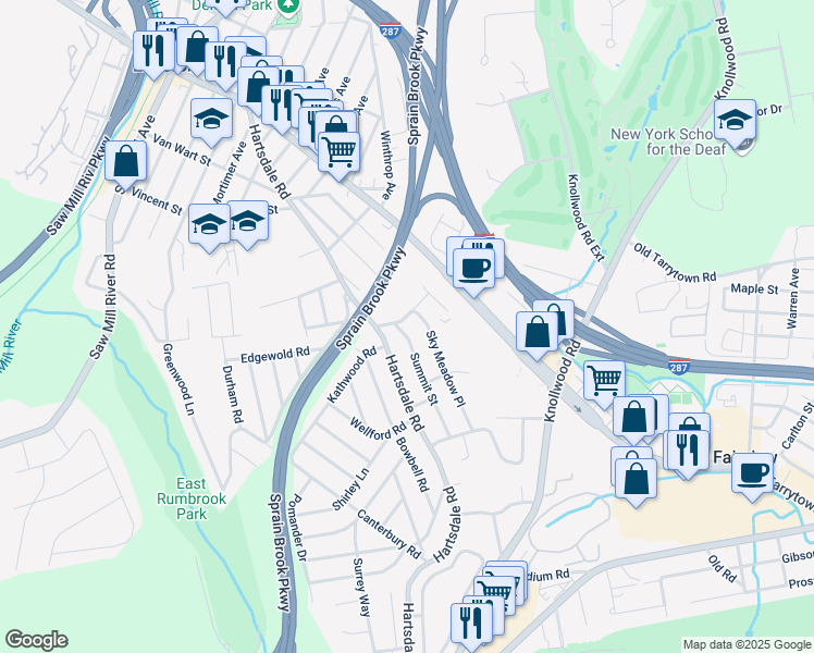 map of restaurants, bars, coffee shops, grocery stores, and more near 19 Chester Avenue in Elmsford