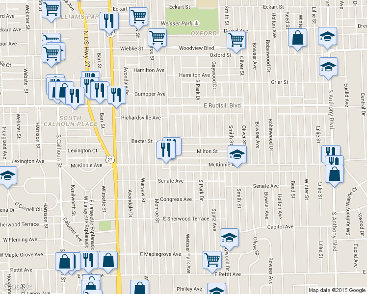 map of restaurants, bars, coffee shops, grocery stores, and more near 727 Milton Street in Fort Wayne