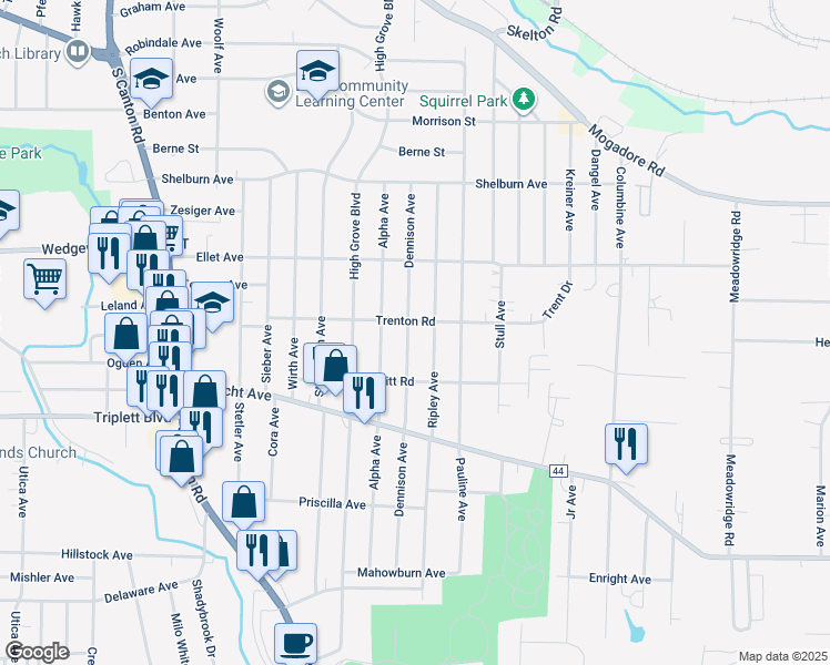 map of restaurants, bars, coffee shops, grocery stores, and more near 348 Ripley Avenue in Akron