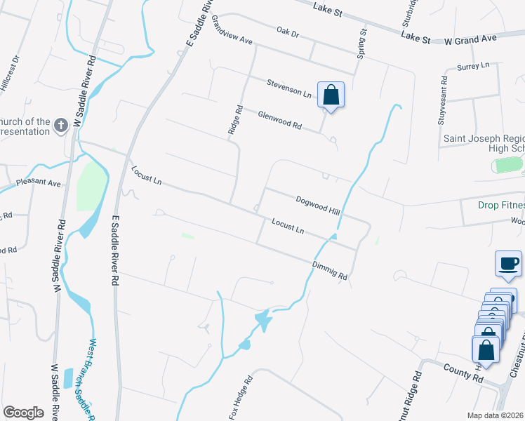 map of restaurants, bars, coffee shops, grocery stores, and more near 12 Timberlane Road in Upper Saddle River