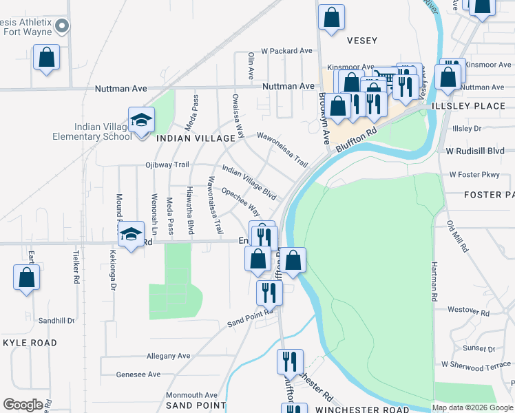 map of restaurants, bars, coffee shops, grocery stores, and more near 2222 Opechee Way in Fort Wayne