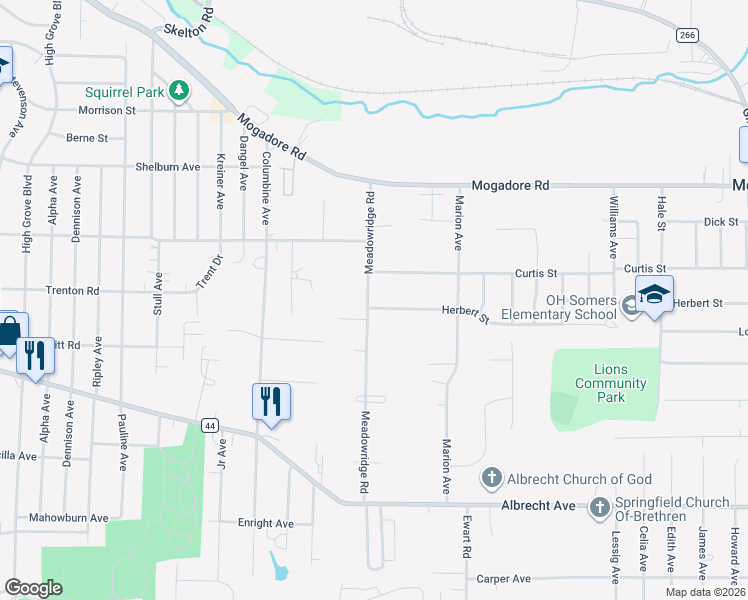 map of restaurants, bars, coffee shops, grocery stores, and more near 105 Meadowridge Road in Mogadore