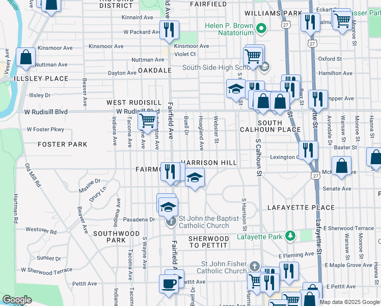 map of restaurants, bars, coffee shops, grocery stores, and more near 425 West Branning Avenue in Fort Wayne