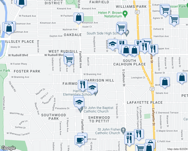 map of restaurants, bars, coffee shops, grocery stores, and more near 407 West Branning Avenue in Fort Wayne