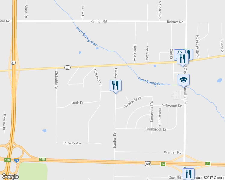 map of restaurants, bars, coffee shops, grocery stores, and more near 3170 Easton Road in Norton