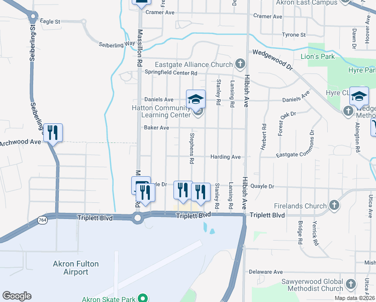 map of restaurants, bars, coffee shops, grocery stores, and more near 513 Fulmer Avenue in Akron