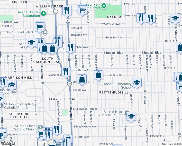 map of restaurants, bars, coffee shops, grocery stores, and more near 4118 Hanna Street in Fort Wayne