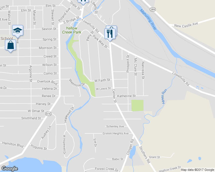 map of restaurants, bars, coffee shops, grocery stores, and more near 23 West Lewis Street in Struthers