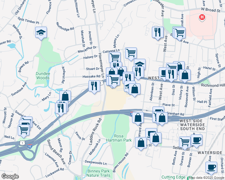 map of restaurants, bars, coffee shops, grocery stores, and more near 1990 West Main Street in Stamford