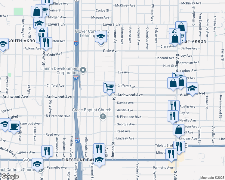 map of restaurants, bars, coffee shops, grocery stores, and more near 1134 Inman Street in Akron