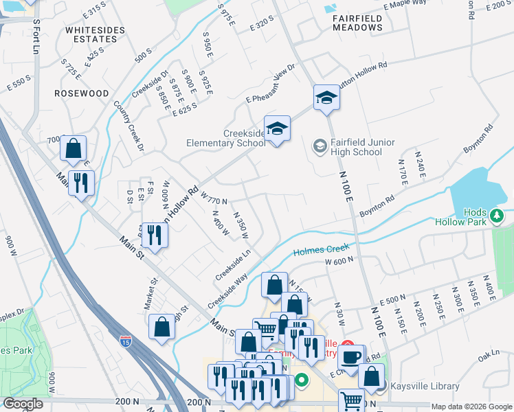 map of restaurants, bars, coffee shops, grocery stores, and more near 763 Creekside Way in Kaysville