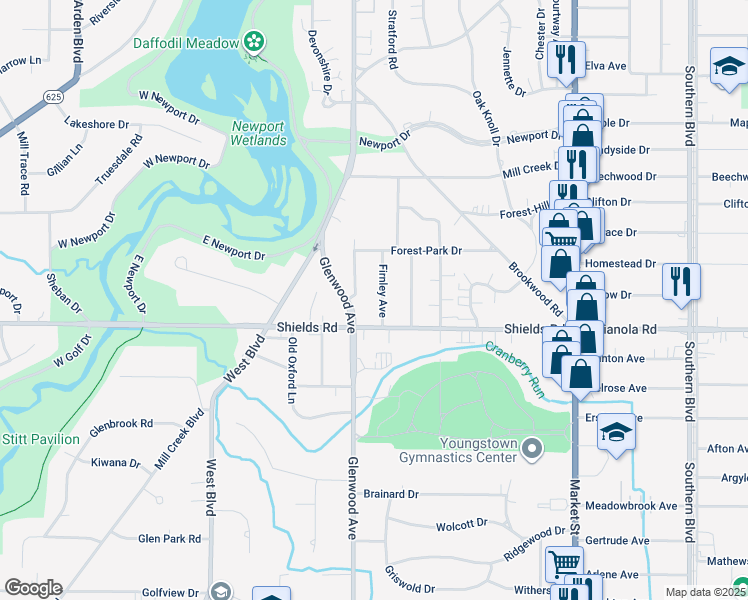 map of restaurants, bars, coffee shops, grocery stores, and more near 5100 Firnley Avenue in Youngstown