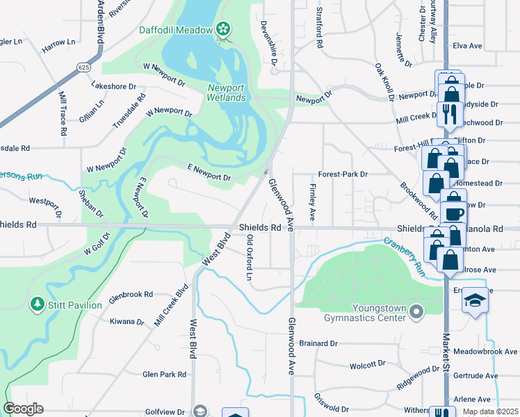 map of restaurants, bars, coffee shops, grocery stores, and more near 5116 Allen Drive in Youngstown