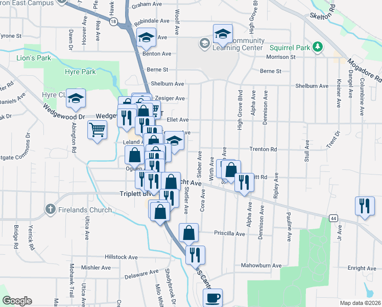 map of restaurants, bars, coffee shops, grocery stores, and more near 480 Stetler Avenue in Akron