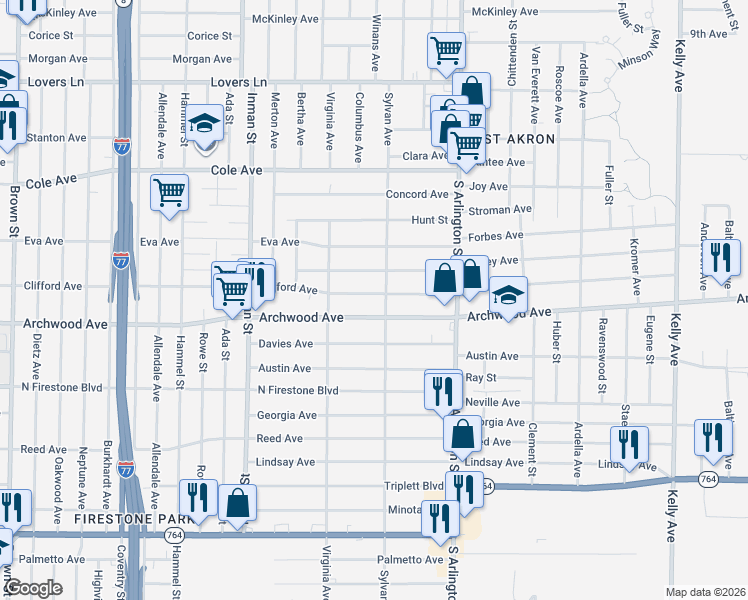 map of restaurants, bars, coffee shops, grocery stores, and more near 900 Clifford Avenue in Akron