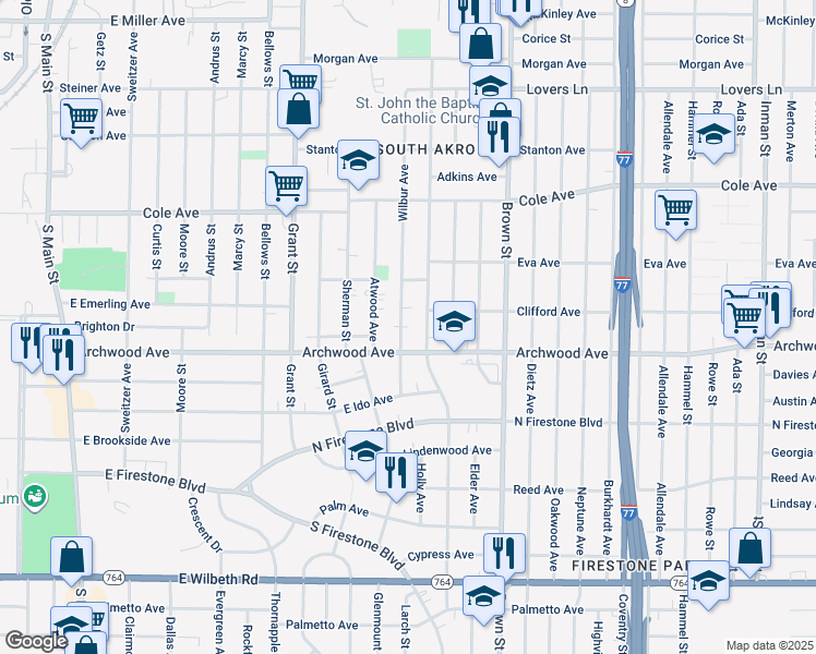 map of restaurants, bars, coffee shops, grocery stores, and more near 1298 Wilbur Avenue in Akron