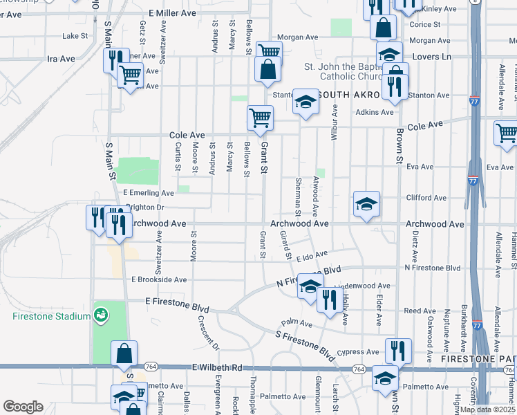 map of restaurants, bars, coffee shops, grocery stores, and more near 1300 Grant Street in Akron