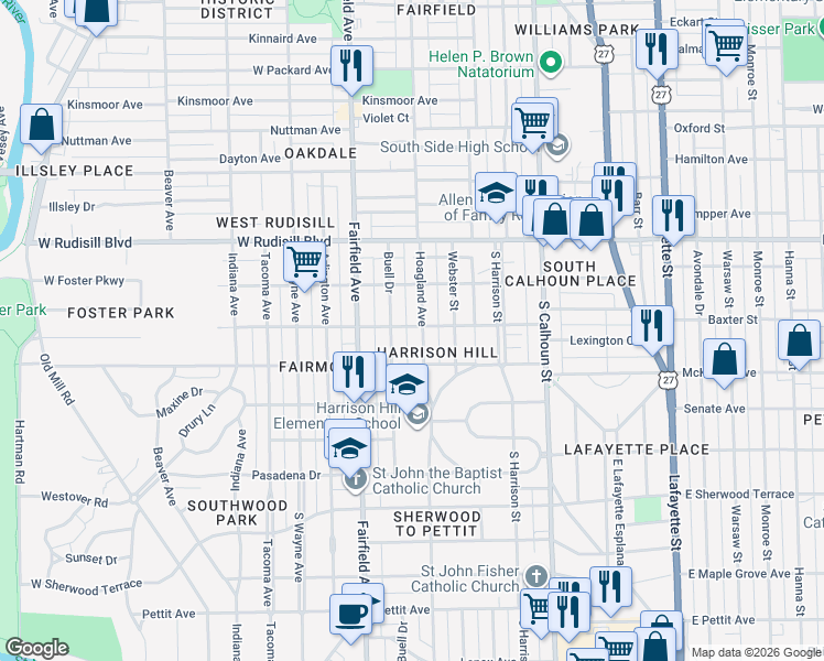 map of restaurants, bars, coffee shops, grocery stores, and more near 425 West Branning Avenue in Fort Wayne