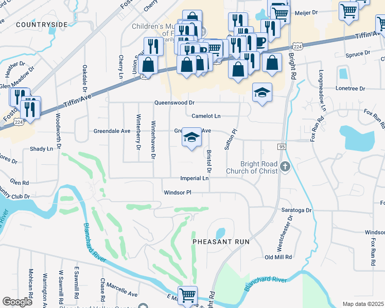 map of restaurants, bars, coffee shops, grocery stores, and more near 610 Bristol Drive in Findlay