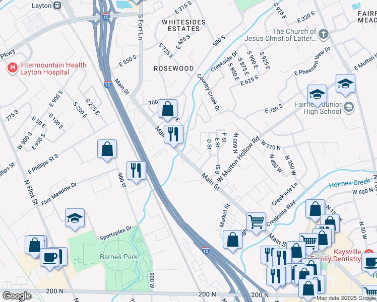 map of restaurants, bars, coffee shops, grocery stores, and more near 877 South Main Street in Layton