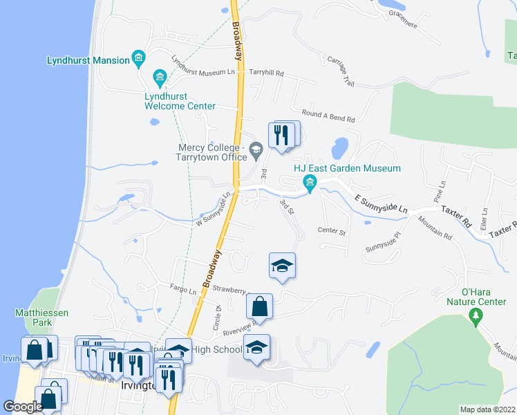 map of restaurants, bars, coffee shops, grocery stores, and more near 140 North Broadway in Irvington