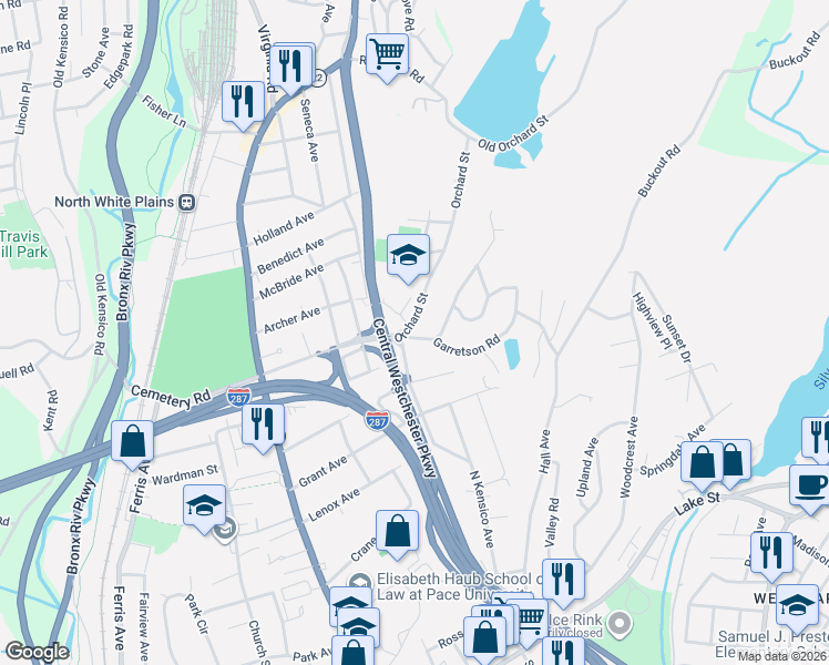 map of restaurants, bars, coffee shops, grocery stores, and more near 2 Garretson Road in White Plains