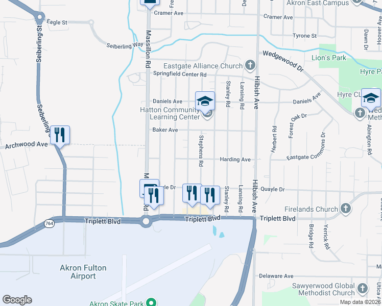 map of restaurants, bars, coffee shops, grocery stores, and more near 513 Fulmer Avenue in Akron