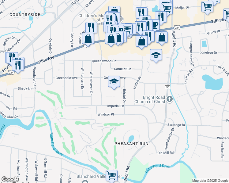 map of restaurants, bars, coffee shops, grocery stores, and more near 610 Bristol Drive in Findlay