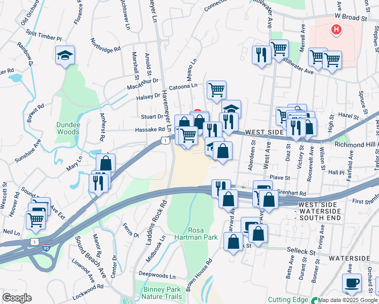 map of restaurants, bars, coffee shops, grocery stores, and more near 1990 West Main Street in Stamford