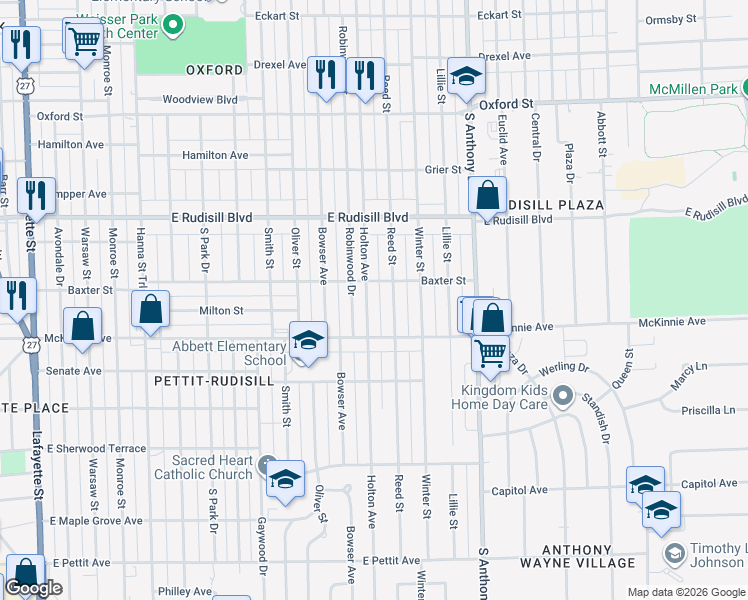 map of restaurants, bars, coffee shops, grocery stores, and more near 4121 Holton Avenue in Fort Wayne