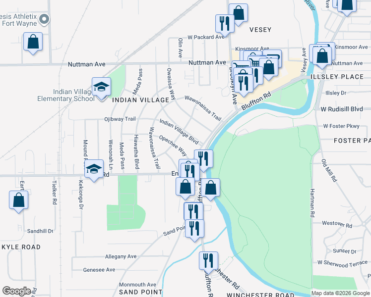 map of restaurants, bars, coffee shops, grocery stores, and more near 2222 Opechee Way in Fort Wayne