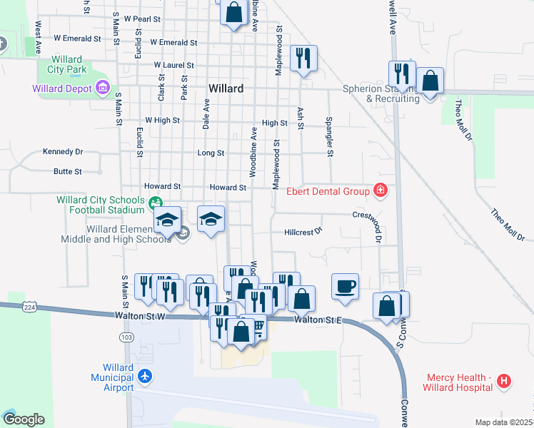 map of restaurants, bars, coffee shops, grocery stores, and more near 830 Maplewood Street in Willard