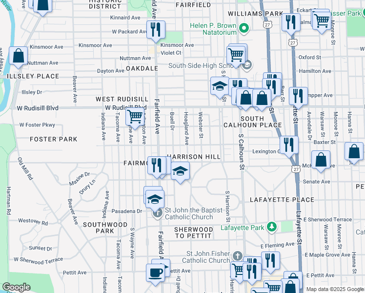 map of restaurants, bars, coffee shops, grocery stores, and more near 425 West Branning Avenue in Fort Wayne