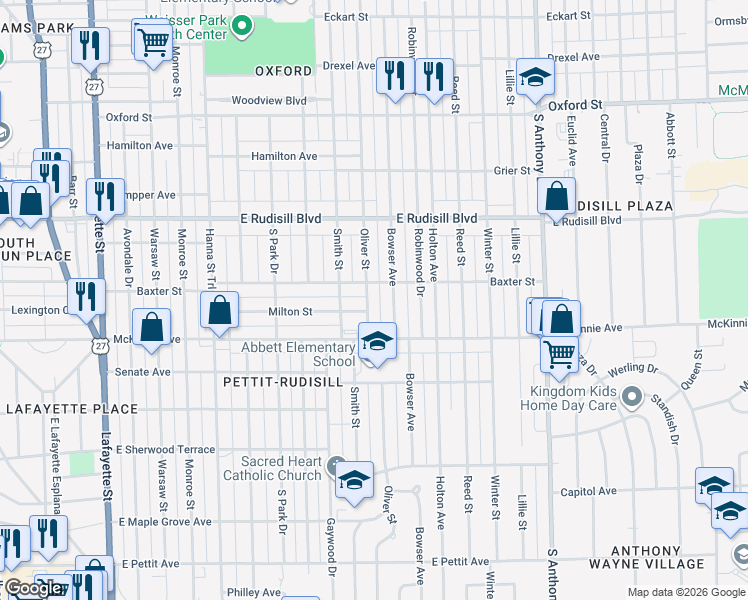 map of restaurants, bars, coffee shops, grocery stores, and more near 4119 Oliver Street in Fort Wayne