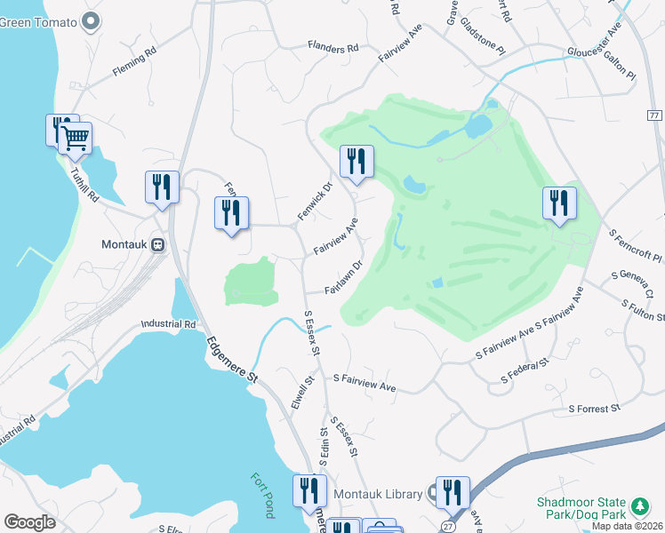 map of restaurants, bars, coffee shops, grocery stores, and more near 23 Fairlawn Drive in Montauk