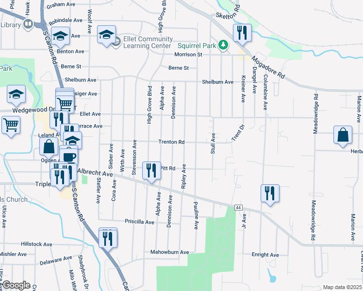 map of restaurants, bars, coffee shops, grocery stores, and more near 348 Ripley Ave in Akron