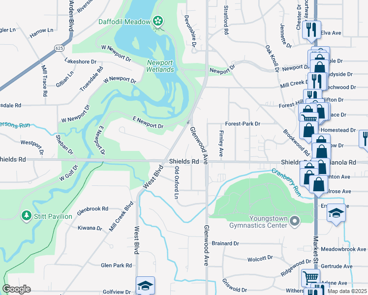 map of restaurants, bars, coffee shops, grocery stores, and more near 5116 Allen Drive in Youngstown