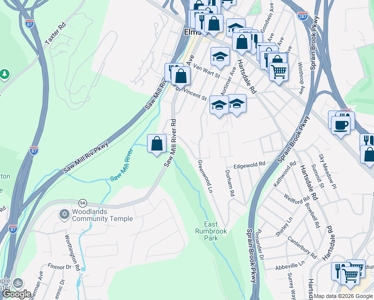 map of restaurants, bars, coffee shops, grocery stores, and more near 10 Sprain Brook Parkway Drive in White Plains
