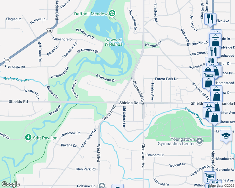 map of restaurants, bars, coffee shops, grocery stores, and more near 507 West Glen Drive in Boardman
