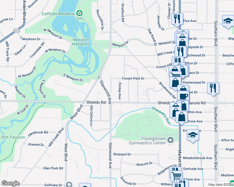 map of restaurants, bars, coffee shops, grocery stores, and more near 5100 Firnley Avenue in Youngstown