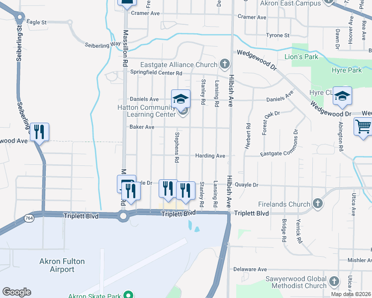 map of restaurants, bars, coffee shops, grocery stores, and more near 496 Hillman Rd in Akron