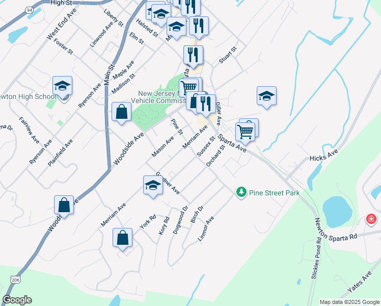map of restaurants, bars, coffee shops, grocery stores, and more near 36 Pine Street in Newton