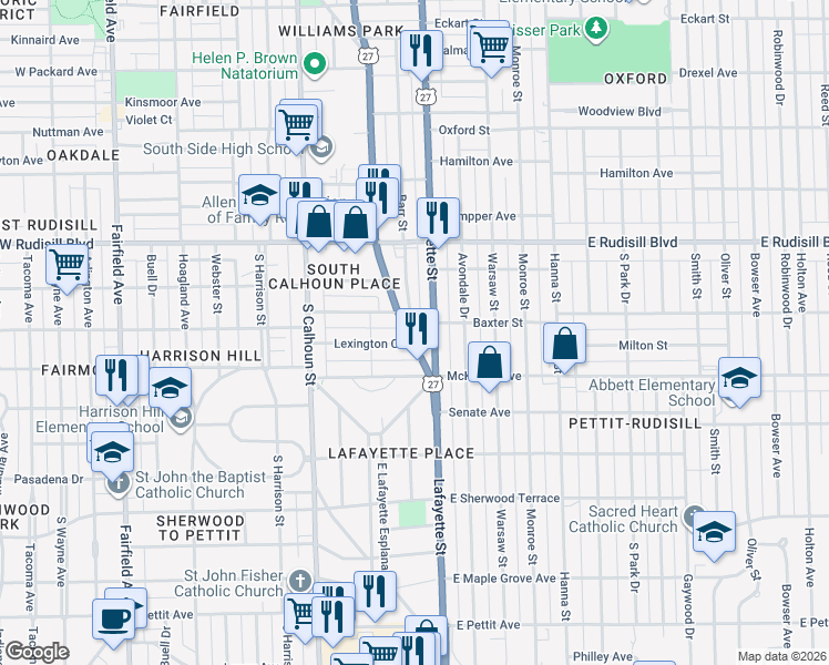 map of restaurants, bars, coffee shops, grocery stores, and more near 4118 Lafayette Street in Fort Wayne