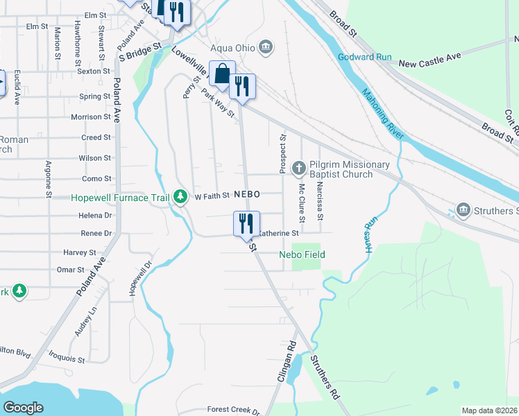 map of restaurants, bars, coffee shops, grocery stores, and more near 16 East Lewis Street in Struthers