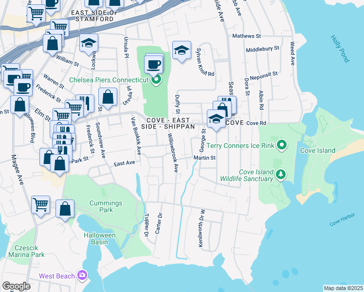 map of restaurants, bars, coffee shops, grocery stores, and more near 24 Willowbrook Place in Stamford