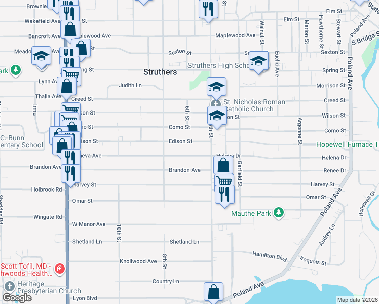 map of restaurants, bars, coffee shops, grocery stores, and more near 375 Geneva Avenue in Struthers